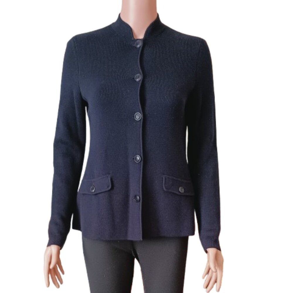 Talbots Navy Nehru Sweater Jacket P Women's with Front Button Pockets Stretch